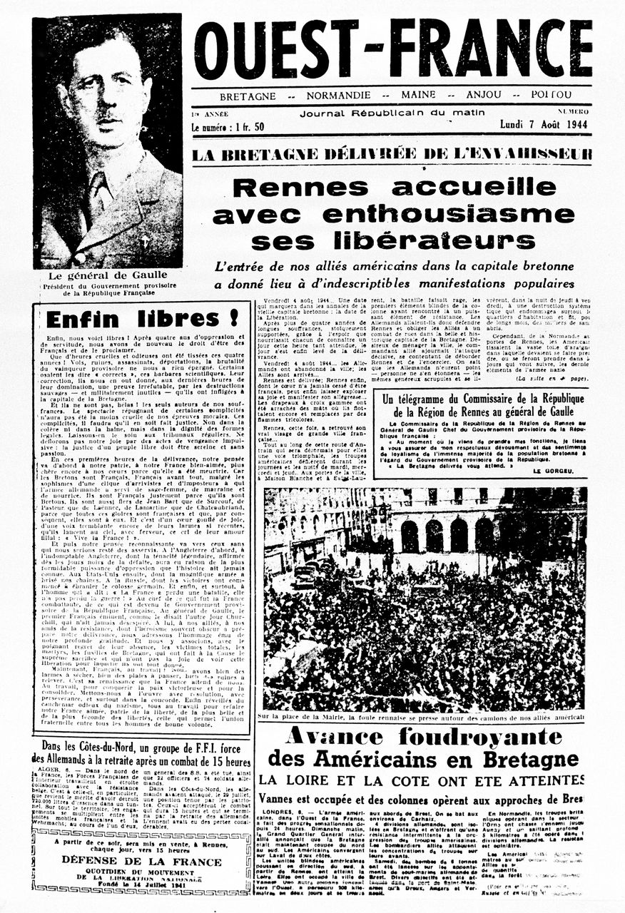 Photo : Ce premier numéro de « Ouest-France » paraît au matin du 07 août 1944. Les citoyens peuvent enfin s’informer.